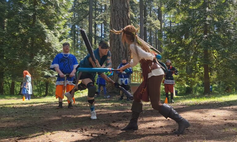 Two people with swords and shields fighting